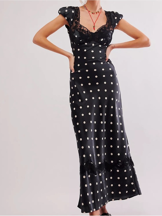 Free People Dresses & Skirts - Free People Black and White Polka Dot Lace-Trim Maxi Dress